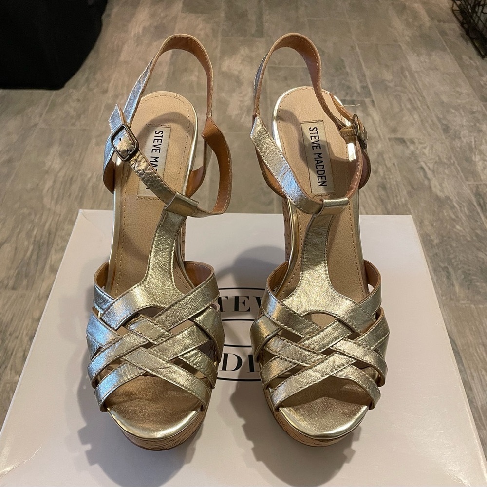 Steve Madden Gold Braided T-Strap Wedge Sandals